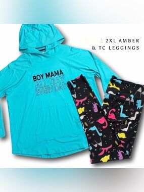 LuLaRoe Amber 2XL Turquoise Hoodie with Black Multicolor Dino Leggings TC